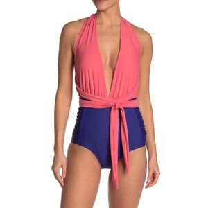 🔴NWT Nicole Miller New York Convertible One-piece Swimsuit Navy/coral